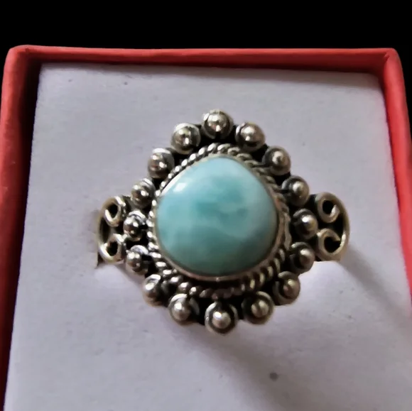 Natural Larimar & Sterling Silver Solitaire Ring Size 7 1/2 - Picture 2 of 10